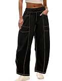 Athlisan Womens Baggy Barrel Pants Wide Leg Lounge Drawstring Sweatpants with Pockets(Black-L)