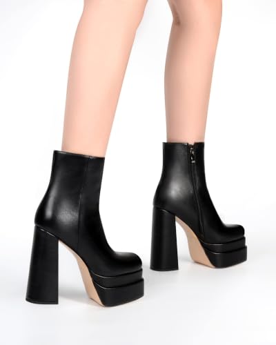 Image of ANN CREEK Women's Double Platform Ankle Boots Chunky Heel Booties Side Zipper Square Toe High Heel Casual Boots