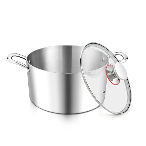 E-far 4 Quart Stock Pot, Tri-Ply Stainless Steel Cooking Pot with Glass Lid and Riveted Handles, Metal Pasta Soup Pot for Induction Ceramic Electric Gas Stoves, Heavy Duty & Dishwasher Safe