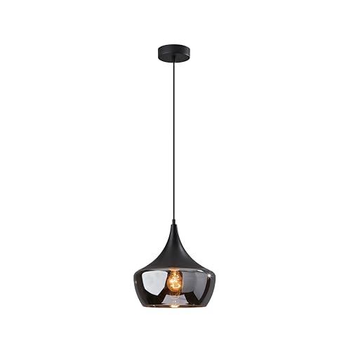 Adesso Black Ceiling Pendant with Smoked Glass Dome Shade &ndash; Adjustable Hanging...