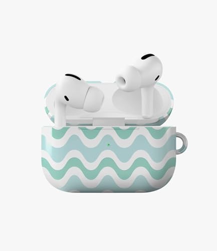 Image of Minty Waves Glossy Case Compatible with AirPods Pro 2, Cute Mint Green Wavy Swirl Protective Hard Cover with Keychain Loop, Aesthetic Retro Y2K Earbud Accessories for Women and Girls