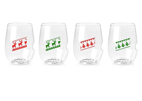 govino Flexible Shatterproof Reusable Wine Glasses | 16-oz Each | Holiday Sweaters Design | 4 Count