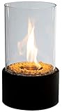 Hochwertiger Tischkamin/Tischofen mit hitzebeständigem Glaszylinder aus Borosilikatglas, pulverbeschichteter/pulverlackierter Metallbasis und 2 x rostfreiem Edelstahl-Brenner (Tank) mit Glasfaser-Einsatz.