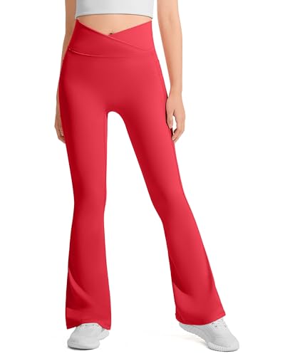 JOCMIC Calça legging infantil flare com cintura alta para ioga e dança, Vermelho, 13-14 Anos