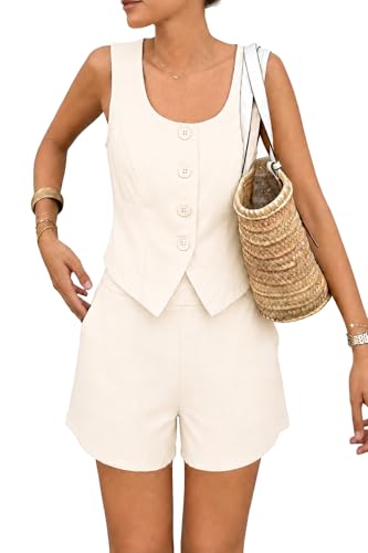 Beige 2 Piece Womens Vest Tops Shorts Set Summer Blazer Button Outfits M
