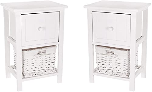 LIVIVO Single White Shabby Chic Style Wooden Bedside Cabinet Table Single Drawer Wicker Storage Basket - No Assembly Required (Set of 2)
