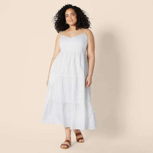 Image of Amazon Essentials Women's Fit and Flare Empire Waist Sweetheart Neck Cotton Sateen Tiered Maxi Dress