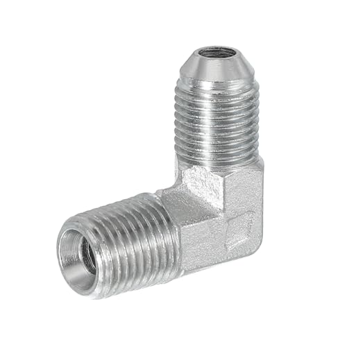 Image of PATIKIL 90 Degree Pipe Adapter, 1 /2 inch Male 37 Flare JIC x 1 /4 inch BSPT Male Connector Carbon Steel Elbow Fitting for Air Hydraulic Fluid Fuel Water Oil, Silver