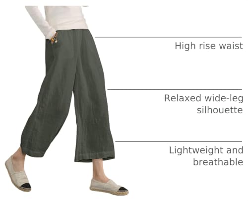 Image of ECUPPER Womens Cotton Cropped Pants Loose Fit Wide Leg Trousers | Casual, Plus Size, Elastic Waist, Capri, 100% Cotton, Slant Pockets, High Rise Waist, Lounge Pants