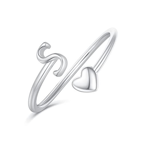 Heart Initial Rings for Women Teen Girls, Silver Rings for Women Teen Girl Gifts Trendy Stuff Adjustable Letter S Initial Ring for Kids Girls Birthday Gifts for Daughter Mom Sister Wife Grandma
