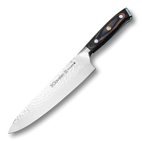 3 Claveles Cuchillo cocinero profesional 28079, Cuchillos cocina forjado con hoja martilleada acero inoxidable con mango de madera, Marrón, 20 cm