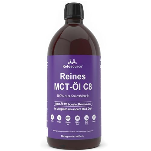 Reines MCT Öl C8 | Produziert 4X Ketone im Vergleich als Andere MCT-Öle | Höchste Reinheit von über 99% | 100% aus Kokosnuss | Unterstützt Keto & Fasten | Vegan | 1000 ml | Ketosource®