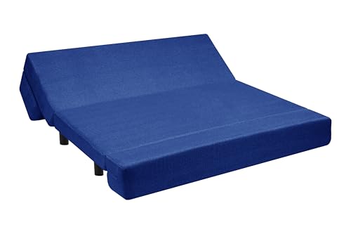 Image of 5X6-Feet Leg Sofa Cum Bed with Ottoman | Jute Fabric 3 Seater Convertible Sofa Bed | Modern Space Saving Furniture for Living Room | Blue