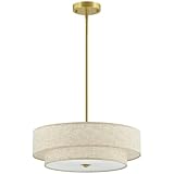 VONLUCE Modern Chandeliers, 18' Drum Chandeliers with 2-Layer Fabric Shade, 4-Light Pendant Light Fixture with E26 Bases, Light Fixture for Dining Room Bedroom Living Room, Linen Shade & Brass Finish