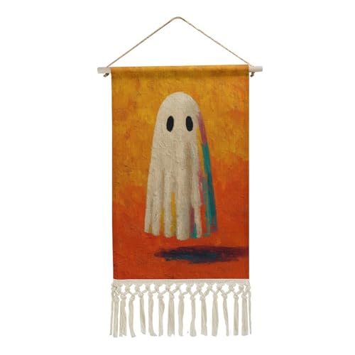 Jubonexis Arazzo da parete in lino, poster da parete vintage con fantasma bianco carino per Halloween, con nappe e asta in legno