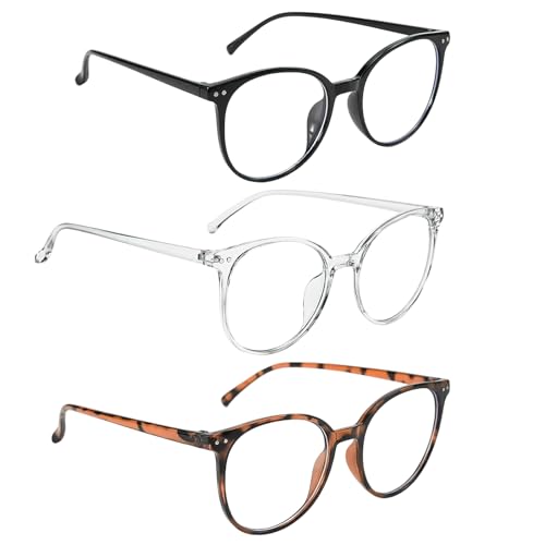 Yuwnd 3 Pack Fake Brille Blaulichtfilter Brille Damen Rund Anti Blaulicht Brille Ohne Stärke Blue Light Glasses Gaming Brillen Modebrille Anti Blendung für Damen Herren