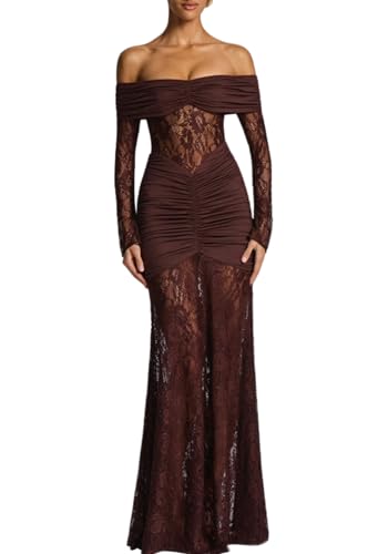 Famnbro Womens Sexy Lace Off Shoulder Dress Long Sleeve See Through Bodycon Elegant Club Party Maxi Dresses