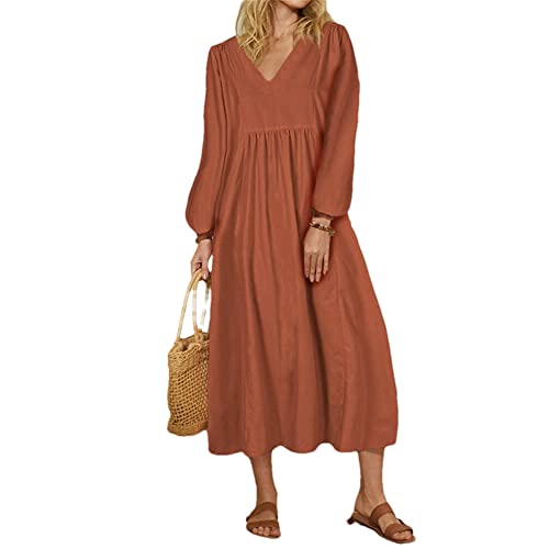 Robe col en V coton lin manches lanterne amples été femme