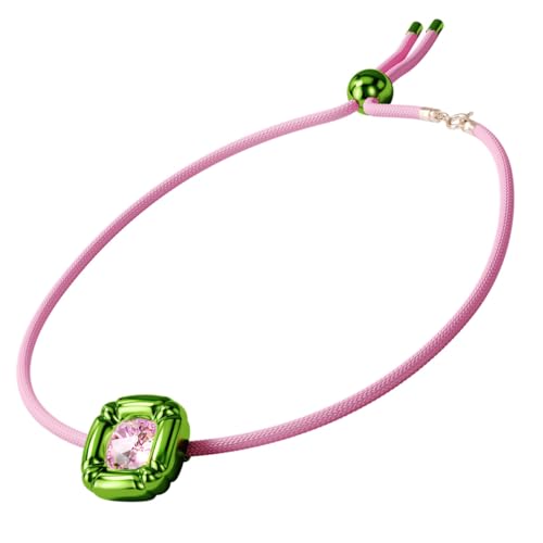 Swarovski Dulcis Necklace, Single Pink Crystal in a Bright Green Setting on a Braided Cord, part of the Dulcis Collection