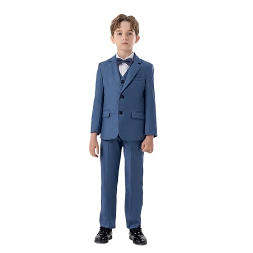 Generisch Jungen Business Anzüge Mantel 4 Stück Outfit Set Für Kinder Formelle Anzug Für Jungen Mit Weste Hosen (Dark Blue, 8-9 Years)