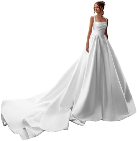 Square Neck Satin Wedding Dresses for Bride Pleated Sleeveless A ...