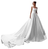 Lvloet Satin White Wedding Dress for Bride 2026 with Train Long Sleeveless Ruched A Line Wedding Bridal Gowns Drop Waist Size 8