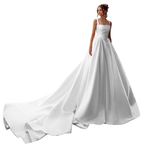 Lvloet Women's White Wedding Dress for Bride 2026 Square Neck Ruched Floor Length A Line Bridal Gown with Train Size 14