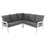 sofa esquinero jardin PRODUCTO: Sofá para salón de jardín, esquinero 4 plazas fabricado de aluminio en color blanco con cojines en color gris.