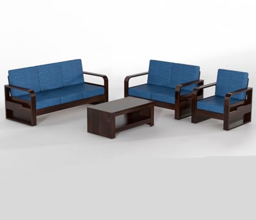 Image of Sheesham Wooden 6 Seater Sofa Set for Living Room | Solid Wood Sofa with Side Pocket Storage & Cushion | Rosewood Sofa for Home & Office | Lounge (Walnut with Blue Cushion, 6 Seater)