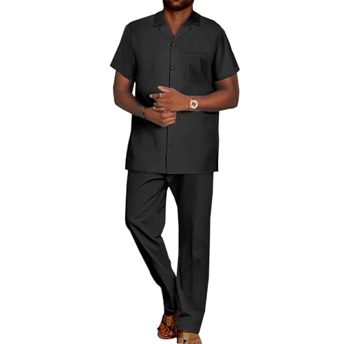 SEA&ALP African Solid Walking Suits for Men 2 Piece Shirt Pants Set Beach Loose Linen Dashiki Outfits Casual Tracksuit