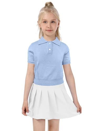 Image of Girls Short Sleeve Polo Shirt V Neck Button Down Shirts Summer Knit School Uniform Crop Tops