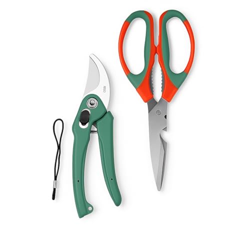 PLANETXERO Multipurpose Gardening Scissors & Green Pruner Set of 2– Heavy Duty Garden Shears with Stainless Steel Blades and Soft Grip Handles for Pruning, Trimming, Harvesting, and Plant Care (GTK)