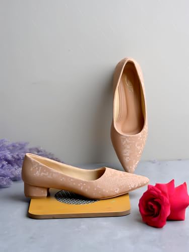 Image of Shoetopia Women's Low Block Heel Pumps - Elegant Pointed Toe Slip-On Dress in Textured Finish - Comfortable Office & Formal Footwear