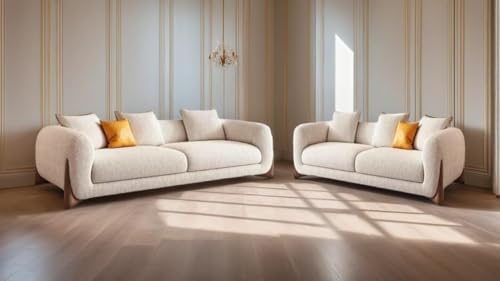 Image of Boucle Fabric Modern Design Sofa with Pillow or Strong Woden Legs Best for Living Room, Halways, Garden (3+2 Seater)