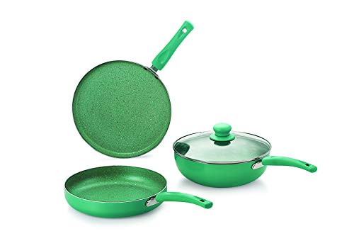 Image of Nirlon Galaxy 4-Piece Aluminium Non Stick Dishwasher Safe Induction Cookware Gift Set with Glass Lid, Green (Compatible with All Induction, Gas & stovetops Only)