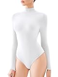 REORIA Women's Long Sleeve Bodysuits Mock Turtleneck Slim Tight Double Lined Basic Layering Body Suits Tops Fall Winter Outfits 2025(White Large)
