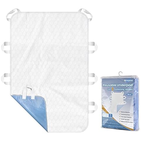 MILDPLUS Washable Bed Pads with 8 Sturdy Handles 34”×52” Extra Large Reusable Underpads 4-Layers Leakproof Chucks Pads Washable for Incontinence (1 Pack; Blue) Cover