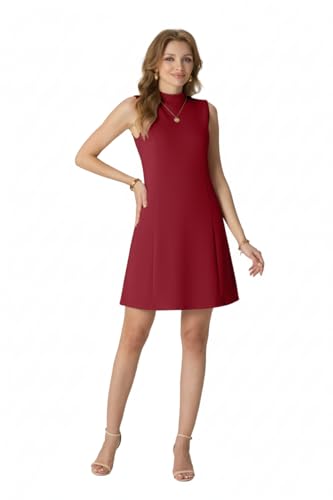 HiMONE Women’s Mock Neck Mini Dress Sleeveless A-Line Swing Dress with Pockets Casual Soft Stretch Summer Dress Wine Red — view 2