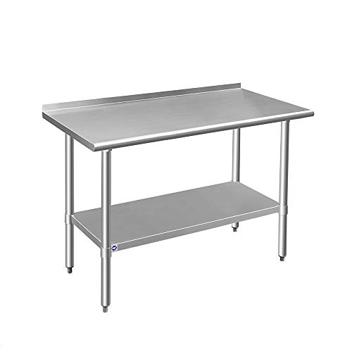 ROCKPOINT Stainless Steel Table for Prep & Work with Backsplash 24x48 Inches, NSF Metal Commercial Kitchen Heavy Duty Table with Adjustable Under Shelf and Table Foot for Restaurant, Home and Hotel by ROCKPOINT - Used condition - US$96.44