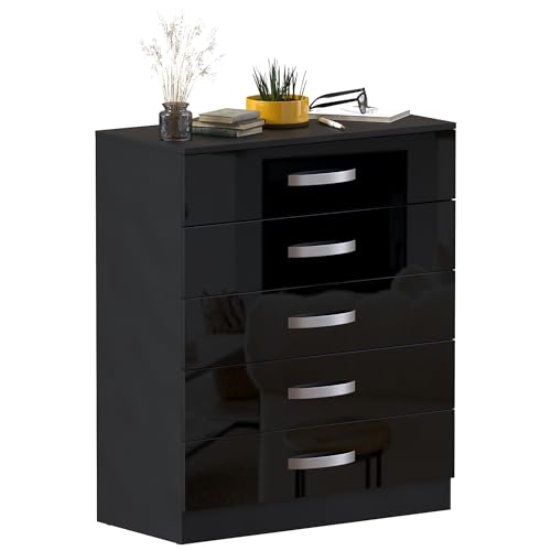 Vida Designs Hulio High Gloss 5 Drawer Chest Of Drawers, Black, 90 x 75 x 36 c,
