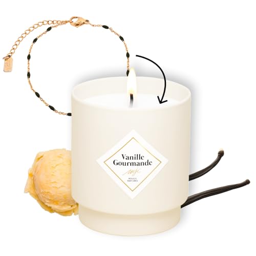 MY JOLIE CANDLE - Bougie Bijou Parfumée Vanille Gourmande - Bracelet doré en acier inoxydable avec perles noires - Cadeau parfait pour Noël et anniversaire - Cire à base végétale - Made in France