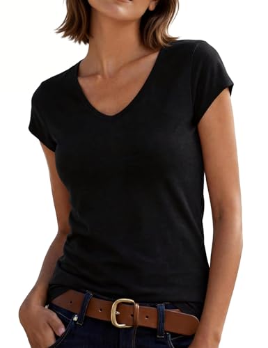 Leversic Womens Tops V Neck Casual T-Shirt Short Sleeve Plain Color Summer Tunic Tops Basic Tee(Deep V-Black,L)