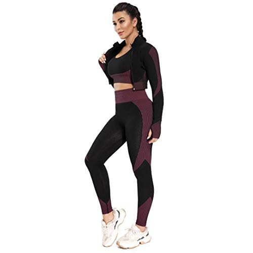 MANON ROSA Workout Sets Women 2 Piece Gym Outfits Seamless Yoga Long Sleeve Zip Tracksuit High Waist Legging Exercise Fitness Activewear Wine Medium