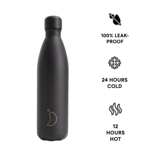 Miniatura 2 de Chilly S Botella De Agua Original: Botella De Agua De Acero Inoxidable Aislada Al Vacío, Termo Reutilizable Para Bebidas Calientes Y Frías - A Prueba De Fugas, Sin Sudor - Todo Negro - 750ml