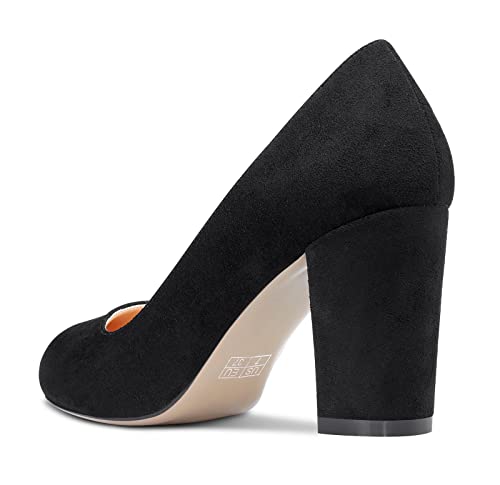 HDEUOLM Women Chunky Block High Heel Close Round Toe Pumps Slip-on Wedding Office Cute Shoes 3 Inch Heels3