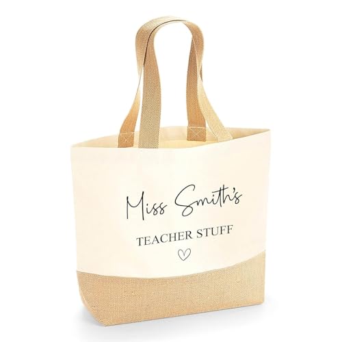 Personalised Teacher Bag with Custom Name, Hessian Jute Teacher Tote