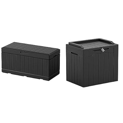 Greesum 82 Gallon and 31 Gallon Resin Deck Boxes Large Outdoor Storage Bundle for Patio Furniture, Garden Tools, and Pool Supplies