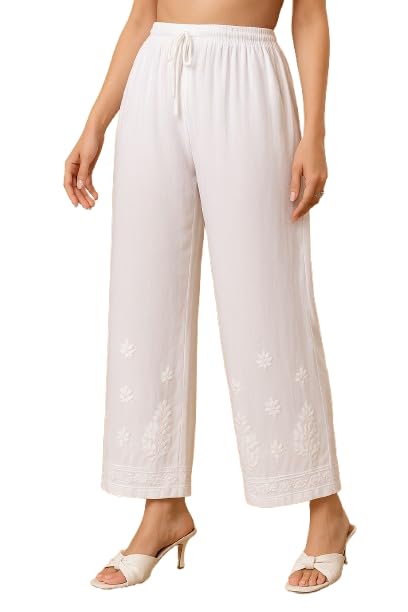 Lucknawi Chikan Palazzo - Elegant Chikan Embroidery Palazzo for Women White