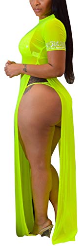Women's Sexy See Thur Long Maxi Summer Dresses Plus Size Casual Loose Round Neck Short Sleeve Beach Coverups Split Side Stretchy Sheer Mesh Swimsuit For Club Fluo Yellow #TOP2