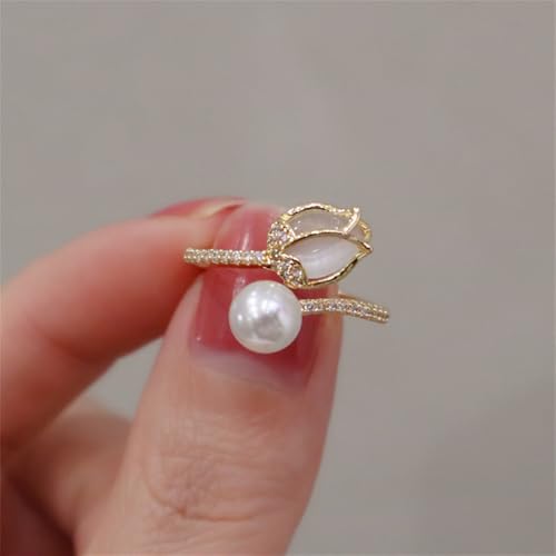 Dainty CZ Tulip Flower Stacking Adjustable Ring for Women Gold Plated Rose Wedding Promise Expandable Open Wrap Rings Comfort Fit Elegant Engagement Birthday Jewelry Gift - Main Image